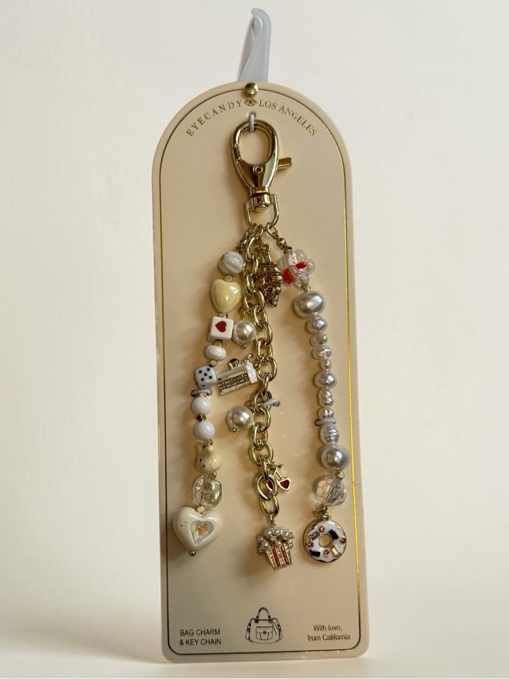 Eyecandy Gold and Pearl Bag Charm and Key Chain Red White Gold